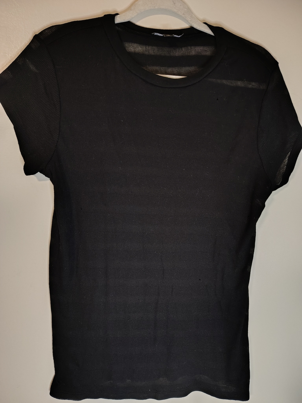 Black Ribbed Semi Sheer Short Sleeve T-Shirt Baby Tee Crew Neck Top Size XL
